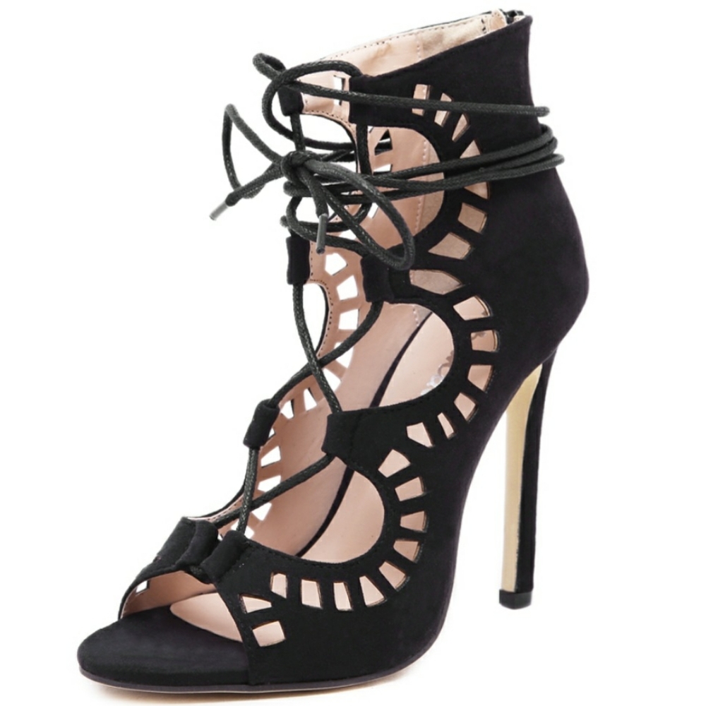 Black Cut Out Lace Up High Heels